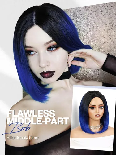 Miniatura 4 de Quick Wig - Pelucas Ombre, verde menta, corto, lacio, peluca bob, parte media sintética, para uso diario, cosplay, fiesta, pelucas completas