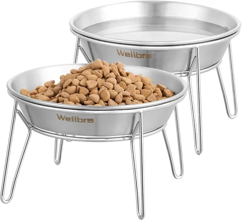 Cuencos elevados para gatos, 5.9 pulgadas de ancho, tazones de comida para gatos de acero inoxidable con soporte de metal sin estrés de bigotes,