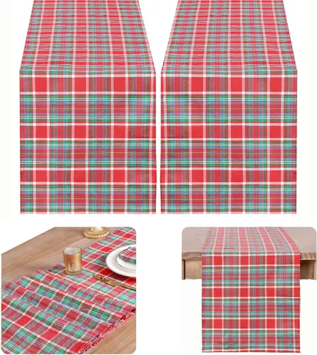 Miniatura 17 de Camino de mesa a cuadros de búfalo negro y rojo, 2 paquetes de 13 x 108 pulgadas, caminos de mesa navideños a cuadros para decoración de mesa