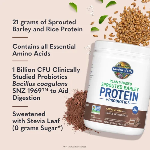 Miniatura 2 de Garden of Life Proteína de cebada germinada a base de plantas, chocolate con 0.74 oz de proteína, 0.00 oz de azúcar e ingredientes limpios, cebada