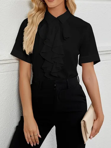 Miniatura 4 de Vrtige Women's Ruffle Front Collar Neck Button Down Short Sleeve Blouse Shirt Top