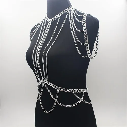 Miniatura 4 de Cadenas de cuerpo para mujer, cadena de hombro de metal grueso dorado, collar de cadena de hombro, arnés de decoración de vestido, cadena de cintura