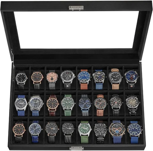 Miniatura 16 de SONGMICS 24 organizador y exhibidor negro de calidad superior, de vidrio, con funda para reloj, de piel sintética UJWB024