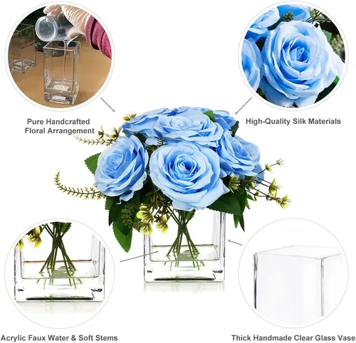 Miniatura 3 de ENOVA FLORAL 9 cabezas de rosas artificiales en jarrón, rosas falsas con jarrón de cristal para decoración (azul)