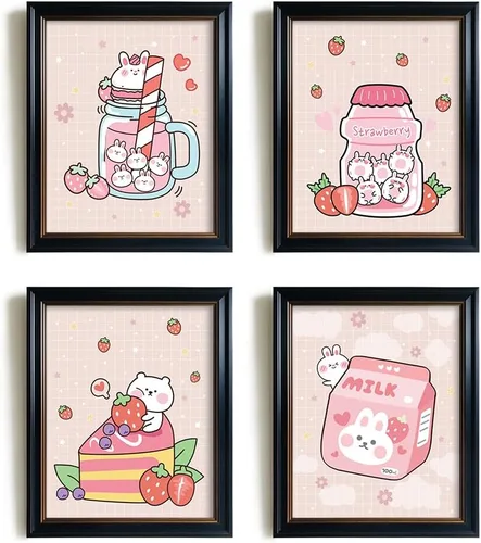 Miniatura 8 de Decoración de pared de anime japonés Kawaii para comedor, bonita decoración de cocina rosa, carteles estéticos de conejo y fresa, impresiones