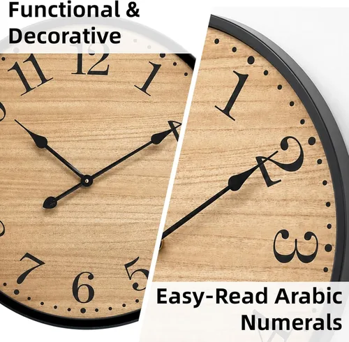 Miniatura 3 de Reloj de pared rústico para decoración de sala de estar, reloj de pared grande de 24 pulgadas con cara de madera marrón oscuro y marco de metal