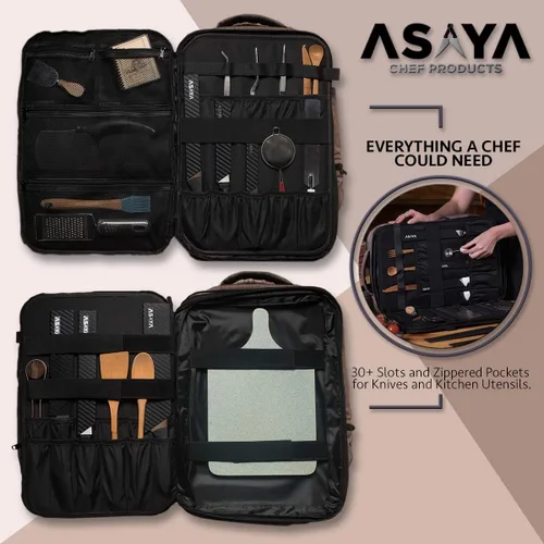 Miniatura 5 de Asaya Mochila para cuchillos de chef con bolsa enrollable de 20 bolsillos, más de 30 bolsillos para cuchillos, cuchillos no incluidos (marrón)