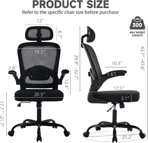 Miniatura 2 de Silla de oficina ergonómica con soporte lumbar ajustable, silla de escritorio de oficina con reposacabezas ajustable, malla transpirable, cojín