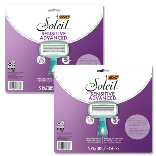 Miniatura 9 de BIC Soleil 5 Sensitive Desechables para Mujeres con Navajas de 5 Cuchillas, Tiras Hidratantes de 360 Grados, Agarre Antideslizante, Paquete de 2