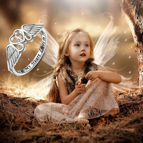 Miniatura 8 de FLYOW Anillo de plata de ley S925 A Piece of My Heart Lives in Heaven con alas de ángel para mujer, joyería de recuerdo de mamá, papá, abuela