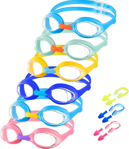 Miniatura 12 de Macarrie 6 gafas de natación para niños, sin fugas, antiniebla, para niños y niñas, con clip para la nariz, tapones para los oídos, de 3 a 14 años