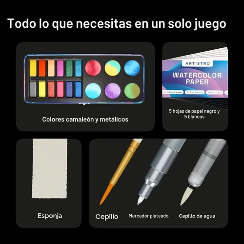Miniatura 2 de ARTISTRO Juego de 18 pinturas de acuarela metálicas, juego de paleta que incluye 12 acuarelas metálicas con purpurina y 6 colores camaleón. Juego