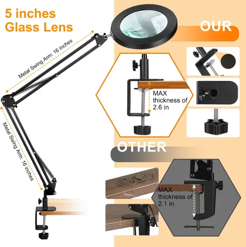 Miniatura 6 de Lupa grande de 12X con luz, lupa iluminada con soporte de cristal real de 5 pulgadas, 3 modos de color, lámpara de escritorio con lupa LED regulable