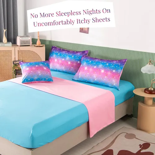 Miniatura 3 de PERFEMET Juego de edredón rosa de sirena para niñas, tamaño individual, 6 piezas, ropa de cama en una bolsa con sábanas con purpurina 3D arcoíris