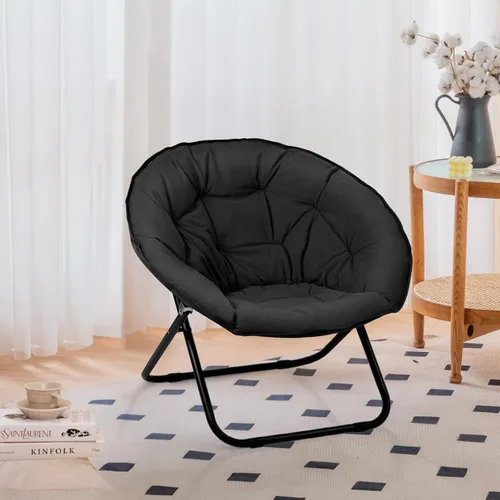 Miniatura 3 de Grezone Silla plegable de piel sintética, silla plegable portátil de luna suave para dormitorio, dormitorios, apartamentos, descanso, jardín y Negro