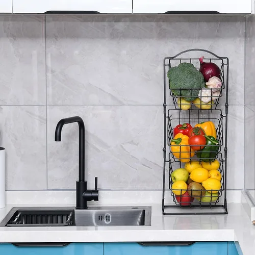 Miniatura 3 de Cesta de frutas de 3 niveles para encimera de cocina o piso, cesta de frutas para verduras y aperitivos, soporte de almacenamiento de metal