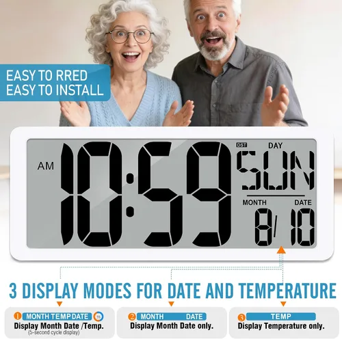Miniatura 8 de Reloj de pared digital grande de 14.2 pulgadas, funciona con pilas, reloj digital con pantalla grande con día, fecha y temperatura, reloj de pared