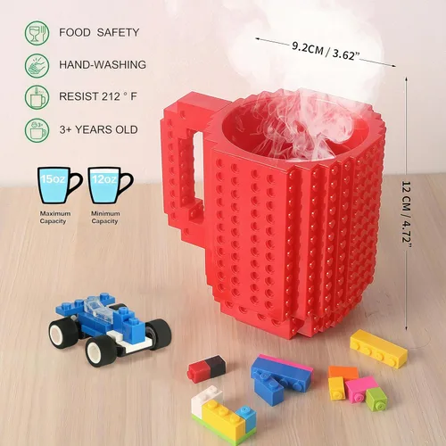Miniatura 2 de Lumsburry Taza de café de ladrillo integrada, divertida taza de bricolaje con bloques de construcción creativa para niños, hombres y mujeres, Rojo