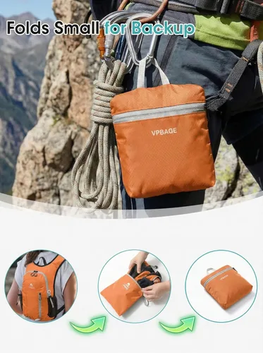 Miniatura 7 de VPBAGE Mochila de senderismo pequeña con soporte frontal para teléfono, mochila plegable con correa de pecho y cintura, Naranja-, Pequeño, Mochilas