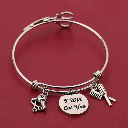 Miniatura 6 de HOLLP Pulsera extensible para peluquería para estilista de peluquería, regalo con texto en inglés "I Will Cut You", joyería de peluquería con peine