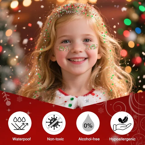 Miniatura 5 de MEICOLY Purpurina facial de Navidad, purpurina navideña para el cabello para niños y mujeres, regalos de relleno de calcetines, maquillaje
