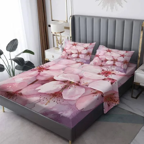 Miniatura 9 de Juego de sábanas de tamaño individual con estampado de flor de cerezo, sábanas japonesas de microfibra suave, bolsillo profundo, sábanas y fundas