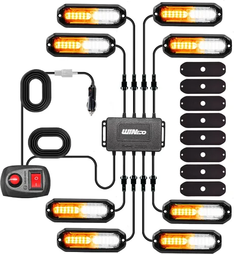 WINECO 8 Piezas Luces LED Estroboscópicas de 12V con Función de Sincronización Ámbar Blanco 12LED Luces de Advertencia de Peligro de Emergencia con