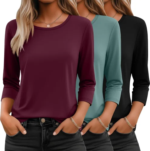 Miniatura 13 de Ficerd Paquete de 3 camisetas de manga 3/4 para mujer, cuello redondo, camisetas básicas elegantes, casuales, modernas, holgadas
