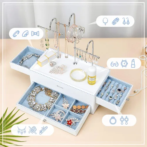 Miniatura 2 de Homde Organizador de joyas para collares, aretes, anillos con ganchos de metal (blanco)
