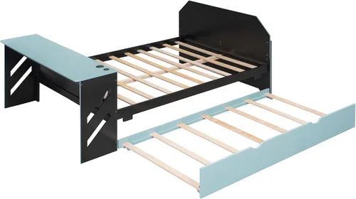 Miniatura 5 de Cama para juegos, sofá cama de tamaño matrimonial con escritorio, cama de plataforma matrimonial de madera con cama nido de tamaño individual y USB