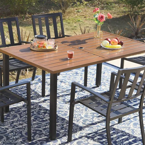 Miniatura 7 de SUNSHINE VALLEY Juego de 7 sillas de comedor para patio, material metálico, 6 sillas de comedor de color teca rectangular con agujero para sombrilla