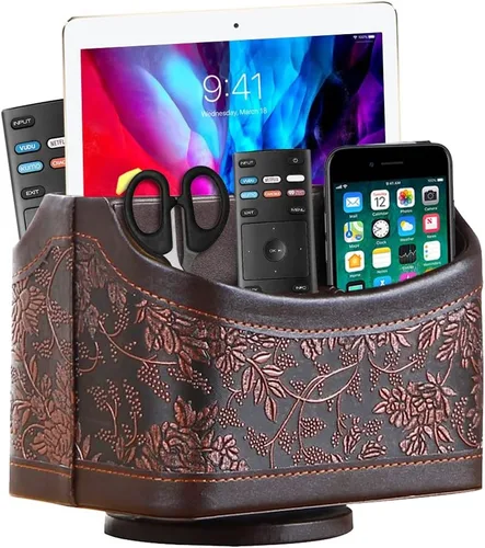 Organizador para control remoto giratorio de 360°, organizador de control remoto de TV de piel sintética con cesta de almacenamiento de 5