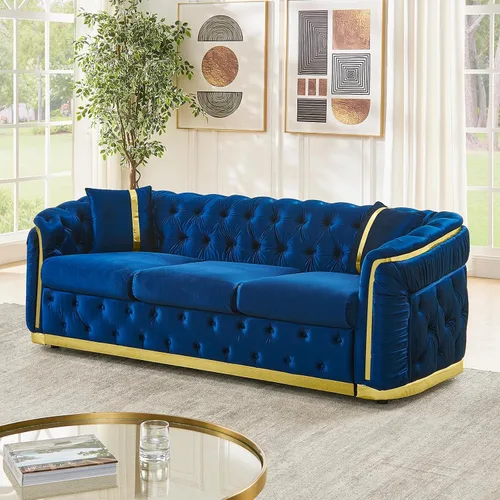 Miniatura 15 de Sofá Chesterfield de 62.6 pulgadas, moderno de mediados de siglo, sofá de terciopelo blanco beige y dorado, sofás de lujo para sala de estar