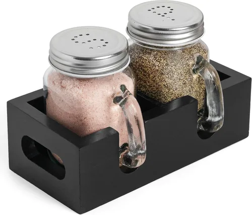 Saleros y pimenteros de frasco Mason - Juego de agitadores de vidrio con soporte de madera, fácil de limpiar y rellenar para mesa de cocina de Negro