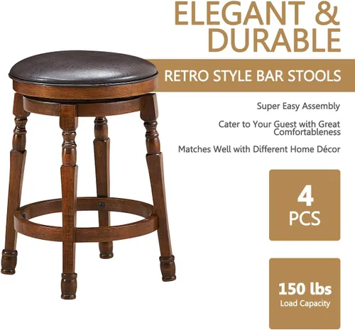 Miniatura 7 de COSTWAY Juego de 4 taburetes de bar sin espalda, taburete redondo de altura de mostrador de 24 pulgadas con asiento acolchado giratorio de 360°