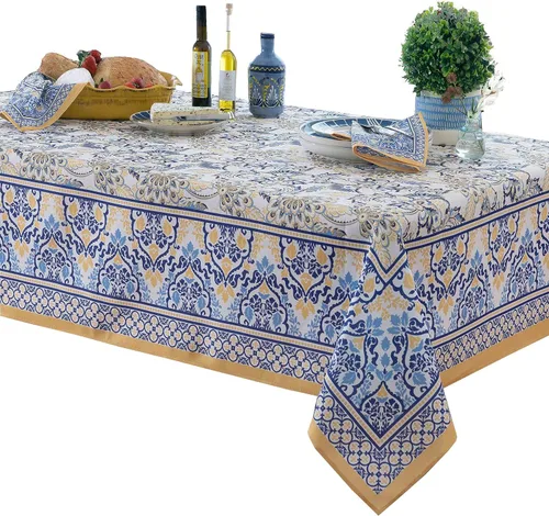 Miniatura 2 de Home Bargains Plus Mantel rectangular de tela, 60 x 102 pulgadas, estampado floral amarillo y azul, para interiores y exteriores, resistente a