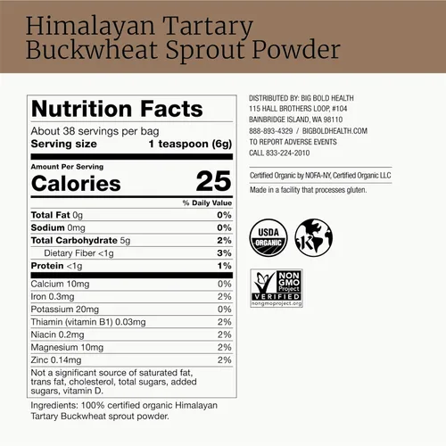 Miniatura 5 de BIG BOLD HEALTH Himalayan Tartary - Polvo de germinado de trigo sarraceno, rico en polifenoles y fibra prebiótica, sin OMG, sin gluten, sin granos