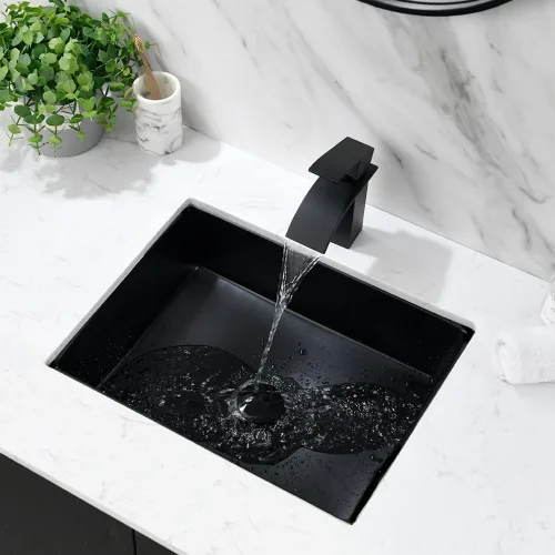 Miniatura 2 de Fregadero de baño rectangular de 20 x 15 pulgadas, color negro, de porcelana, cerámica, arte moderno, lavabo bajo encimera con desbordamiento Negro