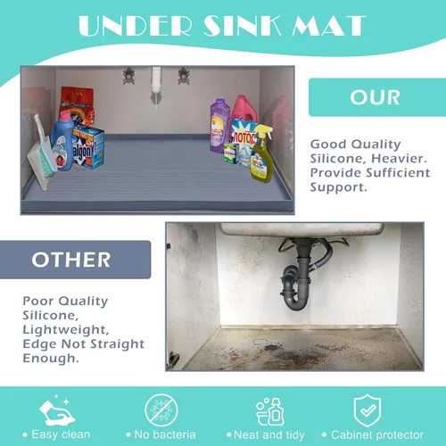 Miniatura 5 de URMONA Tapete de silicona impermeable para debajo del fregadero de 16 x 10 pulgadas, forro para estante de cocina y baño, protector de gabinetes