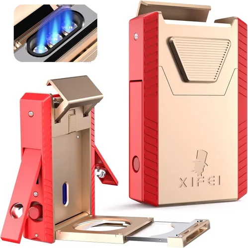 Encendedor de puros de llama de triple chorro con perforador integrado y cortador de doble hoja por XIFEI Rojo & Oro