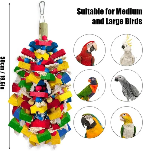 Miniatura 2 de Juguetes de loros para pájaros grandes, bloques de madera multicolor para masticar, jaula de loro, juguete para mordeduras para guacamayos