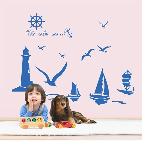 Miniatura 3 de Grandes adhesivos decorativos de faro marino para pared, calcomanía de pared náutica con gaviotas, adhesivos de pared de barco para decoraciones