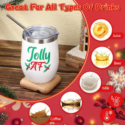 Miniatura 4 de Ziliny 6 Piezas Vasos de Vino de Navidad 12 oz Vasos de Vino Aislados de Acero Inoxidable de Navidad con Tapa y Pajita Divertidas Tazas de Café