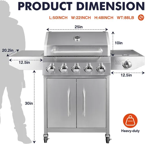 Miniatura 2 de Llamaviva - Parrilla de gas propano de 5 quemadores con quemador lateral, parrilla de barbacoa de acero inoxidable con rejillas de hierro fundido