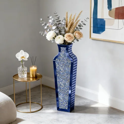 Miniatura 3 de SHYFOY Jarrón de piso de diamante triturado azul, grandes jarrones altos con espejo para piso, modernos jarrones decorativos de vidrio para sala