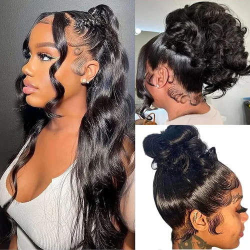 Miniatura 54 de Aaliweya Peluca de encaje frontal 360 HD con encaje frontal 360, peluca de cabello humano para mujer, densidad 180, prearrancada, sin pegamento, 1B