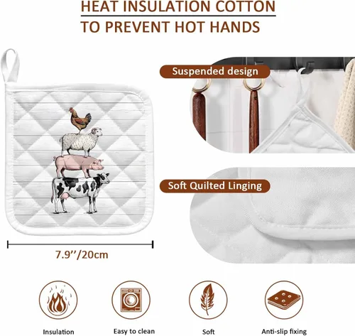 Miniatura 9 de Juego de 4 soportes para ollas, de vaca, cerdo, oveja, pollo, animales de granja, para cocina, almohadillas calientes a prueba de calor, tablero