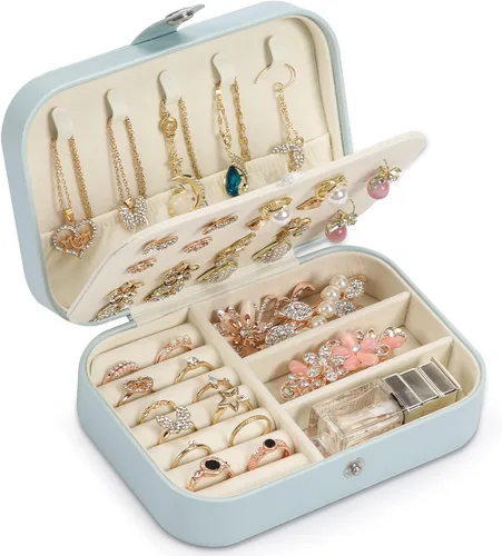 Joyero de viaje, organizador de joyas pequeño de piel sintética para mujeres y niñas, mini estuche de viaje portátil de doble capa para guardar