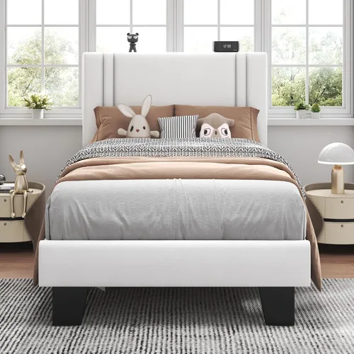 Miniatura 13 de Feonase - Base de cama de tamaño individual con plataforma tapizada, base de cama tapizada con respaldo abatible, listones de madera maciza y Gris