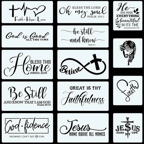 14 plantillas cristianas para pintar sobre madera, letrero bíblico motivacional con texto en inglés "Faith God Fidence Be Still", plantillas de